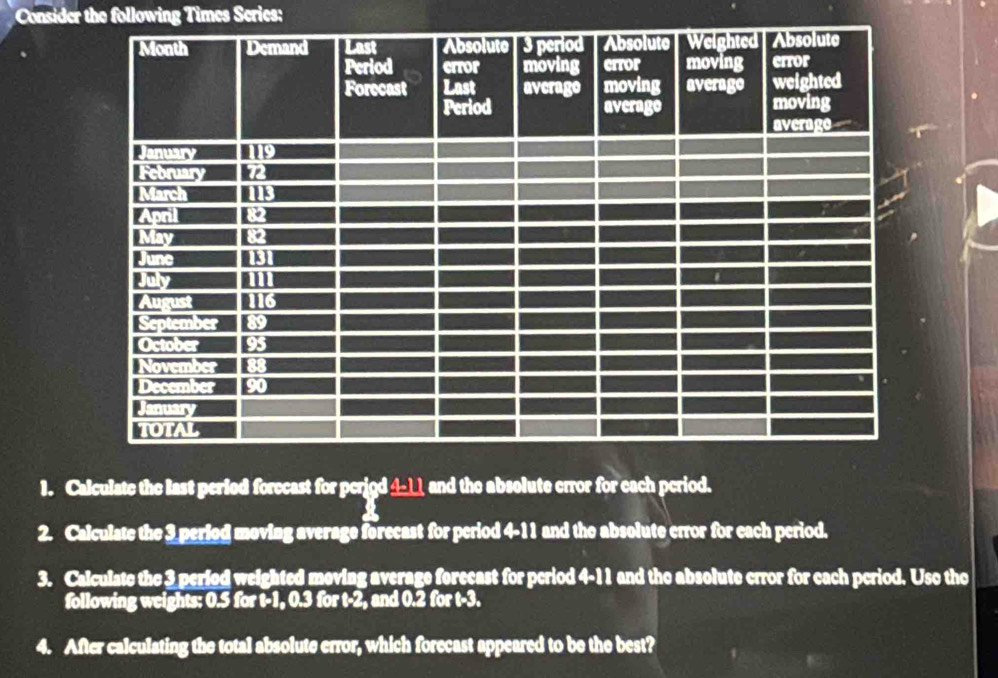 Consider the following Times Series: 
1. Calculate the last peried forecast for perid ____ and the absolute error for each period. 
2. Calculate the 3 period moving average forecast for period 4-11 and the absolute error for each period. 
3. Calculate the 3 period weighted moving average forecast for period 4-11 and the absolute crror for each period. Uso tho 
following weights: 0.5 for t-1, 0.3 for t-2, and 0.2 for t-3. 
4. After calculating the total absolute error, which forecast appeared to be the best?
