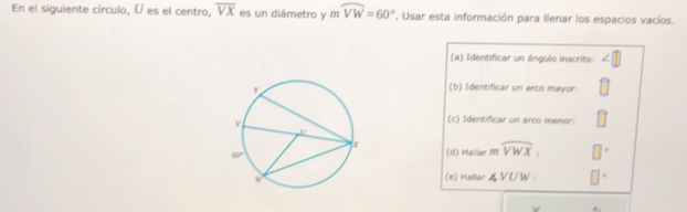 En el siguiente circulo, U es el centro, overline VX es un diámetro y moverline VW=60°. Usar esta información para Ilenar los espacios vacíos.
(a) Identificar un ángulo inscrito:
(b) Identificar un arco mayor:
(c) Identificar un arco menor:
(d) Heilar mwidehat VWX=
(e) Hallar ∠ VUW