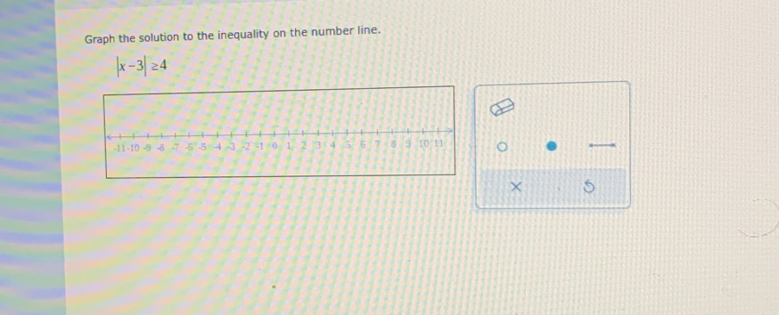 Graph the solution to the inequality on the number line.
|x-3|≥ 4
o 
×