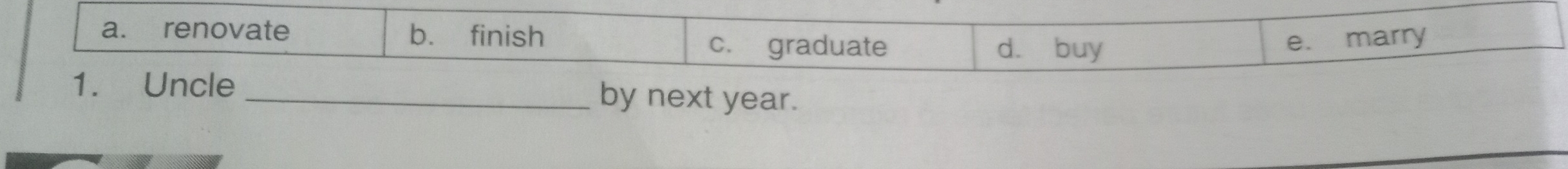 a. renovate b. finish
c. graduate dà buy
e. marry
1. Uncle _by next year.