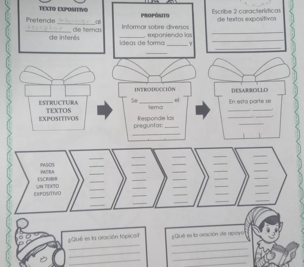 TEXTO EXPOSITIVO 
Propósito Escribe 2 características 
Pretende _al de textos expositivos 
_ 
_de temas Informar sobre diversos 
_ 
de interés _, exponiendo las 
_ 
ideas de forma _y 
_ 
INTRODUCCIÓN DESARROLLO 
Se 
el 
ESTRUCTURA _En esta parte se 
TEXTOS 
_ 
_ 
tema 
EXPOSITIVOS Responde las 
__ 
preguntas:_ 
_ 
_ 
_ 
_ 
_ 
_ 
_ 
PASOS 
_ 
_ 
_ 
_ 
_ 
PATRA 
_ 
_ 
_ 
_ 
_ 
ESCRIBIR 
_ 
_ 
_ 
_ 
_ 
_ 
UN TEXTO 
_ 
_ 
_ 
_ 
_ 
_ 
EXPOSITIVO 
_ 
_ 
_ 
_ 
_ 
_ 
_ 
_ 
_ 
_ 
¿Qué es la oración tópica? ¿Qué es la oración de apoyo 
_ 
_ 
_ 
_ 
_