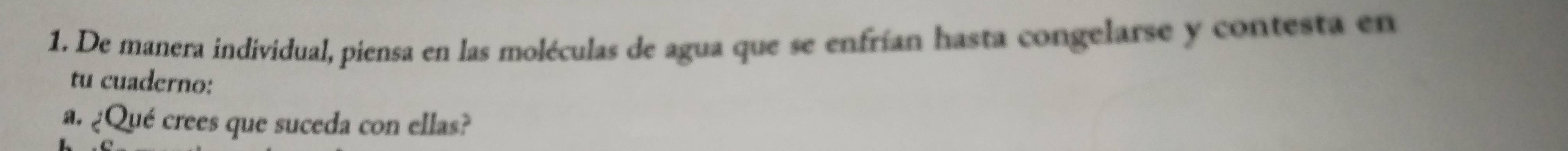 De manera individual, piensa en las moléculas de agua que se enfrían hasta congelarse y contesta en 
tu cuaderno: 
a. ¿Qué crees que suceda con ellas?