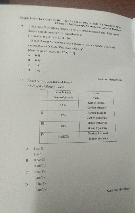 Projck Ticket To Victory Kimia  Bab 3 : Konsep mol, Formula dan Persamaan Kimia
Chapter 3 : Mole Concept, Formulae and Chemical Equations
. 1.08 g unsur X bergabung dengan y g oksigen untuk membentuk satu oksida logæn
dengan formula empirik X_2O_1. Apakah nilai y?
[Jisim atom relatif : X=27;O=16]
1.08 g of element X combines with y g of oxygen to form a metal exide with the
empirical formula X_2O_3. What is the value of y?
Relative atomic mass :
A 0.48 X=27;O=16]
B 0.96
C 1.44
D 1.92
Konstruk: Mengaplikasi
10 Antara berikut, yang manakah benar?
Which of the followin
A I dan II
I and II
B II dan III
II and III
C II dan IV
II and IV
D III dan IV
III and IV
Konstruk: Memahami