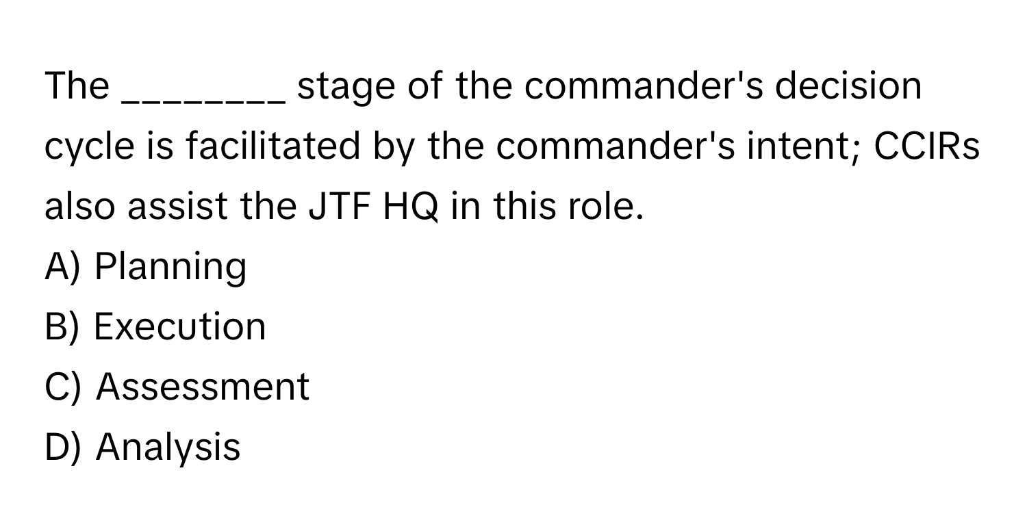 Solved: The ________ stage of the commander's decision cycle is ...