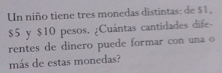 Un niño tiene tres monedas distintas: de $1,
$5 y $10 pesos. ¿Cuántas cantidades dife- 
rentes de dinero puede formar con una o 
más de estas monedas?