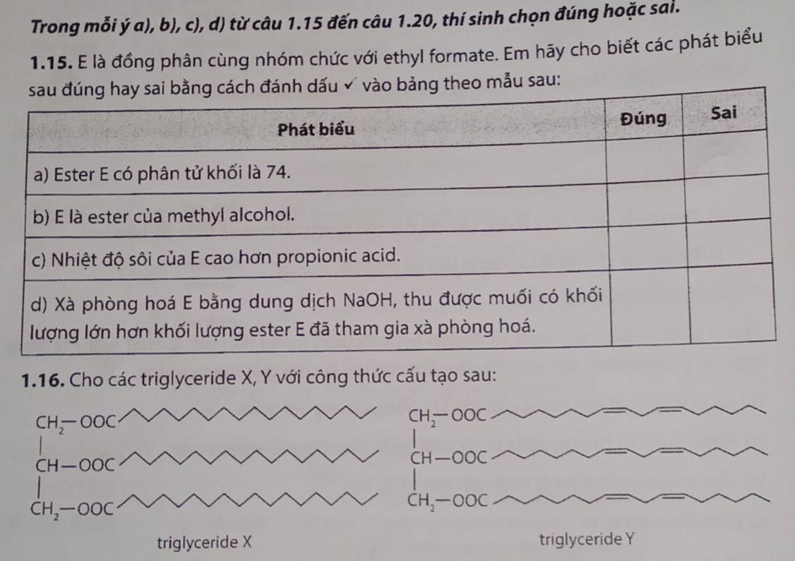 Trong mỗi ý a), b), c), d) từ câu 1.15 đến câu 1.20, thí sinh chọn đúng hoặc sai. 
1.15. E là đồng phân cùng nhóm chức với ethyl formate. Em hãy cho biết các phát biểu 
ào bảng theo mẫu sau: 
1.16. Cho các triglyceride X, Y với công thức cấu tạo sau:
CH_2-OOC
CH_2-OOC
CH-OOC
CH-OOC
CH_2-OOC
CH_2-OOC
triglyceride X triglyceride Y