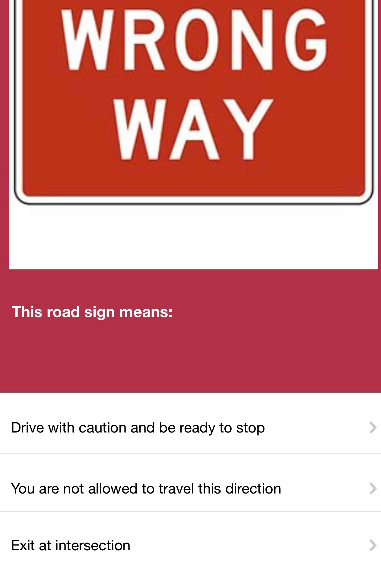 WRONG 
WAY 
This road sign means: 
Drive with caution and be ready to stop 
You are not allowed to travel this direction 
Exit at intersection