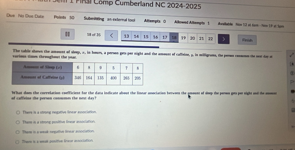 Jem 1 Final Comp Cumberland NC 2024-2025
Due No Due Date Points 50 Submitting an external tool Attempts 0 Allowed Attempts 1 Available Nov 12 at 6am - Nov 19 at 5pm
10 18 of 35 13 14 15 16 17 18 19 20 21 22 Finish
The table shows the amount of sleep, æ, in hours, a person gets per night and the amount of caffeine, y, in milligrams, the person consumes the next day at
various times throughout the year.
What does the correlation coefficient for the data indicate about the linear association between the amount of sleep the person gets per night and the amount
of caffeine the person consumes the next day?
There is a strong negative linear association.
There is a strong positive linear association.
There is a weak negative linear association.
There is a weak positive linear association.