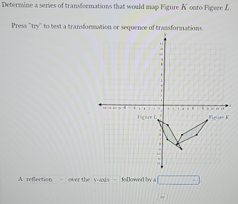 Determine a series of transformations that would map Figure Konto Figure L 
Press "try'' to test a transformation or sequence of transformations. 
A reflection over the y-axis followed by a □ . 
-