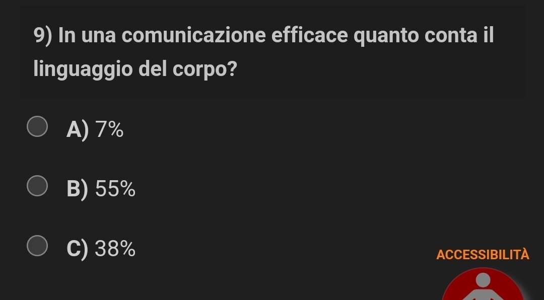 In una comunicazione efficace quanto conta il
linguaggio del corpo?
A) 7%
B) 55%
C) 38%
ACCESSIBILITA