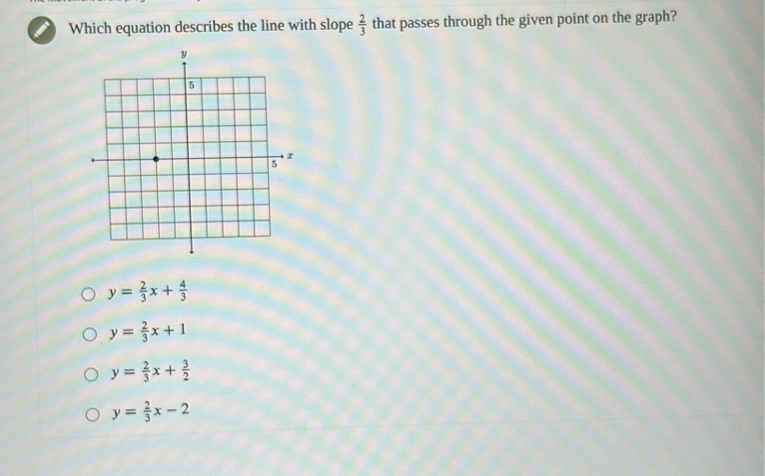 Which equation describes the line with slope  2/3  that passes through the given point on the graph?
y= 2/3 x+ 4/3 
y= 2/3 x+1
y= 2/3 x+ 3/2 
y= 2/3 x-2