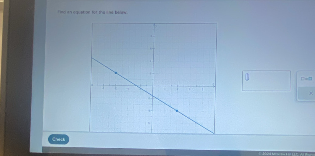 Find an equation for the line below.
□ =□
X 
Check 
2024 McGraw Hill LLC All Righ