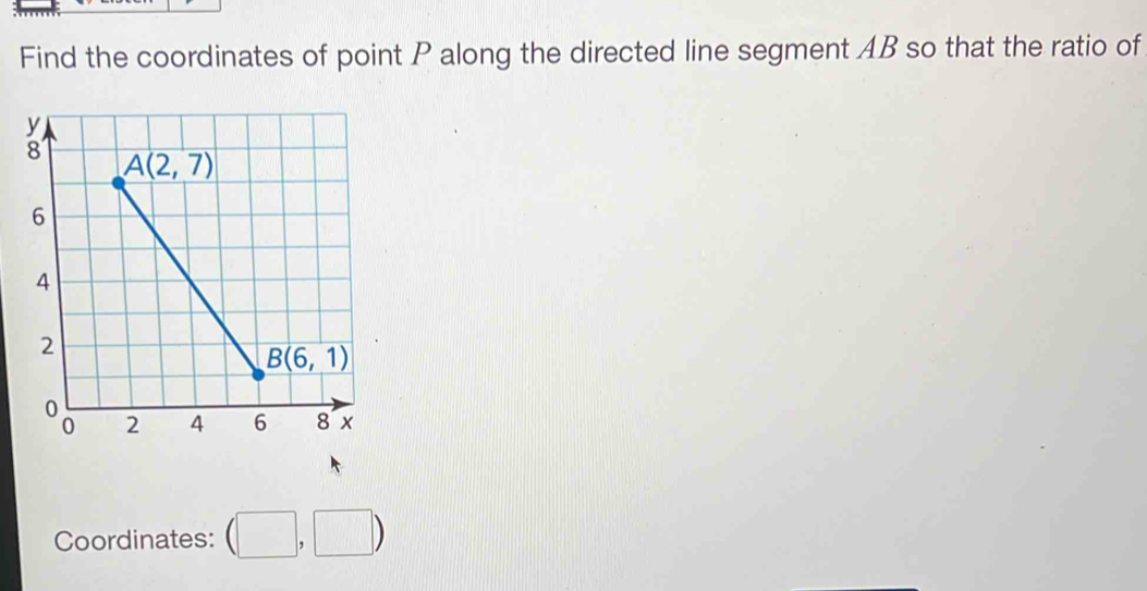 Find the coordinates of point P along the directed line segment AB so that the ratio of
Coordinates: (□ ,□ )