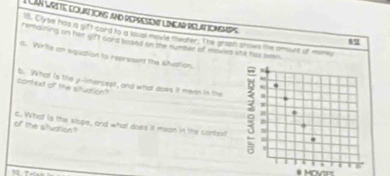 LAN LRItE CCuRt IONG and Represent LINEAr RElir IOnSmEps. 
l. Clysa has a gift card to a loual movie theater. The graph shows the amount of moneg 
8 
remaining on her gift cord based on the number of moves she has beem . 
a. Write an equation to represent the situation. 
b. What is the y -imercept, and what does it meen in the 
contrut of" the situation? 
c. What is the slope, and what does it mean in the context 
of the situation? 
MOVIF