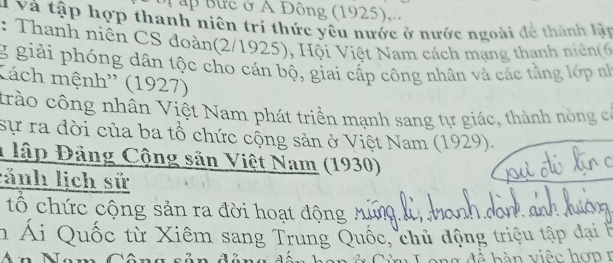 ấp bức ở Á Đông (1925),.. 
Su và tập hợp thanh niên trí thức yêu nước ở nước ngoài để thành lập 
: Thanh niên CS đoàn(2/1925), Hội Việt Nam cách mạng thanh niên(6 
g giải phóng dân tộc cho cán bộ, giai cấp công nhân và các tằng lớp nh 
Kách mệnh'' (1927) 
trào công nhân Việt Nam phát triển mạnh sang tự giác, thành nòng có 
sự ra đời của ba tổ chức cộng sản ở Việt Nam (1929). 
1 lập Đảng Cộng sản Việt Nam (1930) 
tảnh lịch sử 
tổ chức cộng sản ra đời hoạt động Mư 
n Ái Quốc từ Xiêm sang Trung Quốc, chủ động triệu tập dại 
n g đ ề b àn viêc hợp r