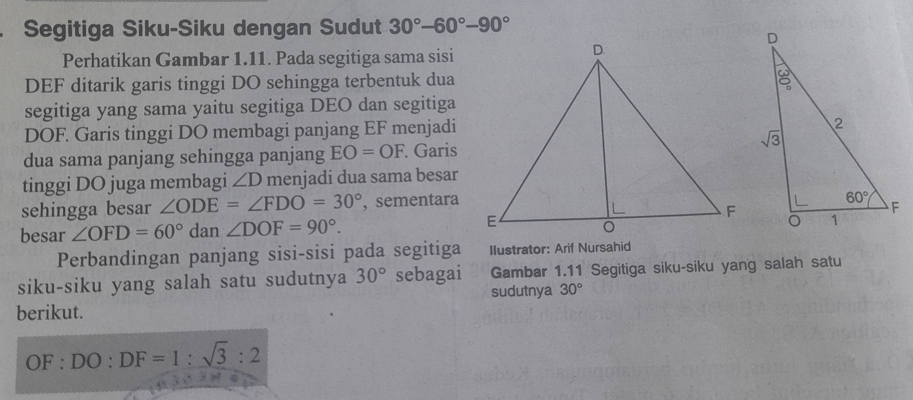 Segitiga Siku-Siku dengan Sudut 30°-60°-90°
Perhatikan Gambar 1.11. Pada segitiga sama sisi
DEF ditarik garis tinggi DO sehingga terbentuk dua
segitiga yang sama yaitu segitiga DEO dan segitiga
DOF. Garis tinggi DO membagi panjang EF menjadi
dua sama panjang sehingga panjang EO=OF. Garis
tinggi DO juga membagi ∠ D menjadi dua sama besar
sehingga besar ∠ ODE=∠ FDO=30° , sementara
besar ∠ OFD=60° dan ∠ DOF=90°.
Perbandingan panjang sisi-sisi pada segitiga Ilustrator: Arif Nursahid
siku-siku yang salah satu sudutnya 30° sebagai Gambar 1.11 Segitiga siku-siku yang salah satu
sudutnya 30°
berikut.
OF:DO:DF=1:sqrt(3):2