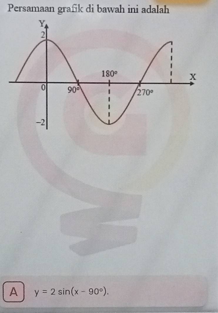 Persamaan grafik di bawah ini adalah
A y=2sin (x-90°).