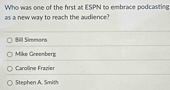 Who was one of the first at ESPN to embrace podcasting
as a new way to reach the audience?
Bill Simmons
Mike Greenberg
Caroline Frazier
Stephen A. Smith