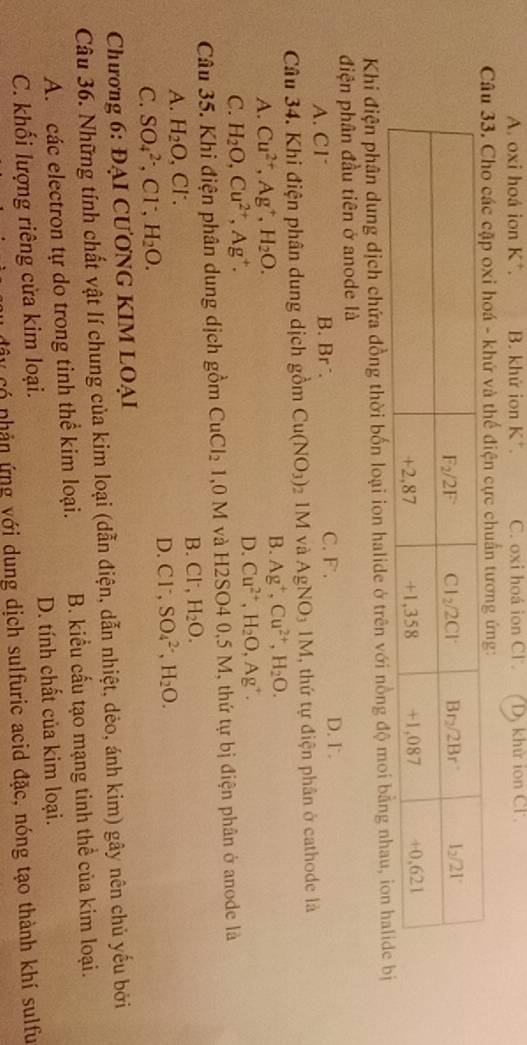 A. oxi hoá ion K*. B. khử ion K*. C. oxi hoá ion Cl . D khử ion Cl.
Câu 33. Cho các cặp oxi hoá - khứ và thể điện cực chuẩn tương ứng:
Khi điện phận dung dịch chứa đồng thời bốn loại ion halide ở trên với nồng độ moi bằng nhau, i
điện phân đầu tiên ở anode là
A. Cl B. Br C. F . D. I .
Câu 34. Khi điện phân dung dịch gồm Cu(NO_3) 2 1M và AgNO_31M , thứ tự điện phân ở cathode là
A. Cu^(2+),Ag^+,H_2O.
B. Ag^+,Cu^(2+),H_2O.
C. H_2O,Cu^(2+),Ag^+.
D. Cu^(2+),H_2O,Ag^+.
Câu 35. Khi điện phân dung dịch gồm CuCl_2 1,0 M và H2SO4 0,5 M, thứ tự bị điện phân ở anode là
B. C1 H_2O.
A. H_2O,Cl^-.
D. C1^-, SO_4^((2-),H_2)O.
C. SO_4^((2-),Cl^-),H_2O.

Chương 6: ĐẠI CƯƠNG KIM LOẠI
Câu 36. Những tính chất vật lí chung của kim loại (dẫn điện, dẫn nhiệt, dẻo, ánh kim) gây nên chủ yếu bởi
A. các electron tự do trong tinh thể kim loại. B. kiểu cấu tạo mạng tinh thể của kim loại.
C. khối lượng riêng cửa kim loại. D. tính chất của kim loại.
ứ có nhản ứng với dung dịch sulfuric acid đặc, nóng tạo thành khí sulfu