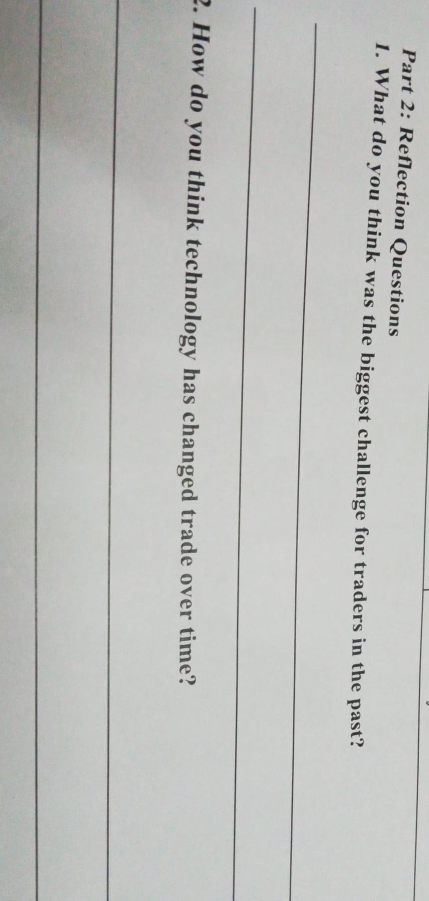 Reflection Questions 
1. What do you think was the biggest challenge for traders in the past? 
_ 
_ 
2. How do you think technology has changed trade over time? 
_ 
_