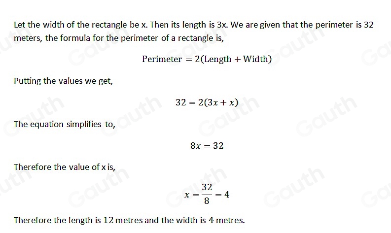 Solved: The length of a rectangle is equal to triple its width. Find ...