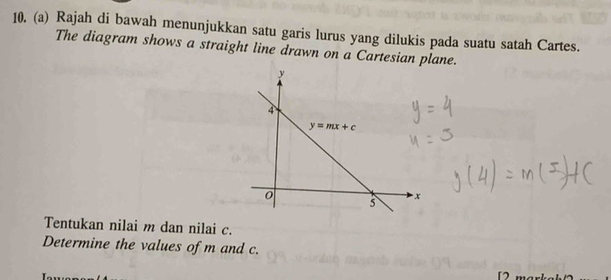 Rajah di bawah menunjukkan satu garis lurus yang dilukis pada suatu satah Cartes.
The diagram shows a straight line drawn on a Cartesian plane.
Tentukan nilai m dan nilai c.
Determine the values of m and c.