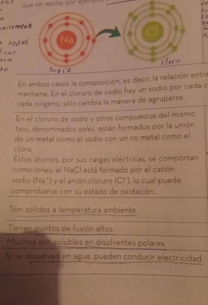 que se repite; por éjempiu; 
be 
Co 
5 
niCemCn 
C 
a 
te der 
En ambos casos la composición, es decir, la relación entre 
mantiene. En el cloruro de sodio hay un sodio por cada c 
cada oxígeno, sólo cambia la manera de agruparse. 
En el cloruro de sodio y otros compuestos del mismo 
tipo, denominados sales, están formados por la unión 
de un metal como el sodio con un no metal como el 
cloro. 
Estos átomos, por sus cargas eléctricas, se comportan 
como iones: el NaCl está formado por el catión 
sodio (Na*) y el anión cloruro (Cl), lo cual puede 
comprobarse con su estado de oxidación. 
Son sólidos a temperatura ambiente. 
Tienen puntos de fusión altos. 
Muchos son solubles en disolventes polares. 
Si se disuelven en agua, pueden conducir electricidad.