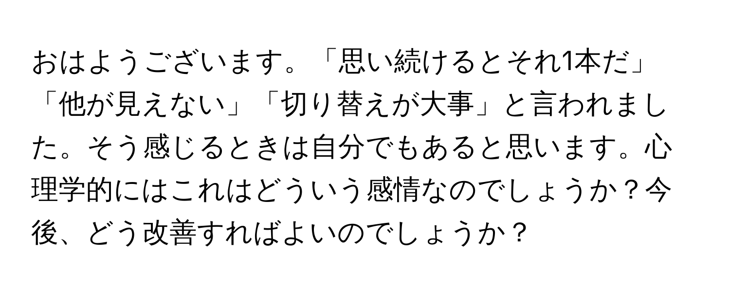 おはようございます。「思い続けるとそれ1本だ」「他が見えない」「切り替えが大事」と言われました。そう感じるときは自分でもあると思います。心理学的にはこれはどういう感情なのでしょうか？今後、どう改善すればよいのでしょうか？