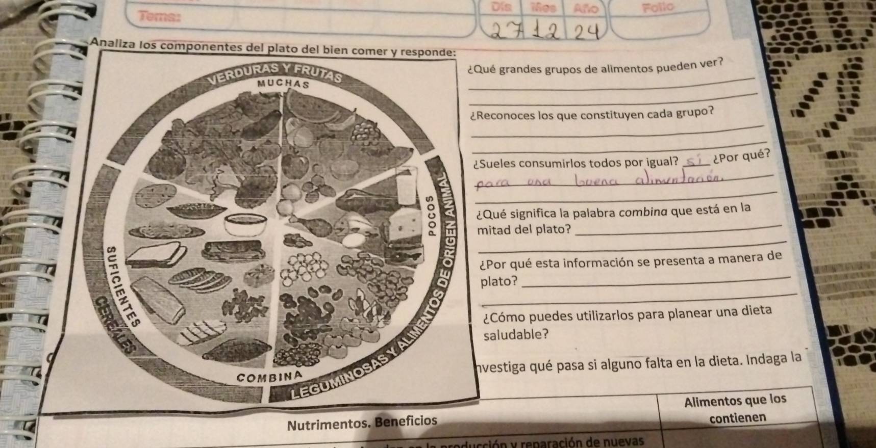 Tema: 
Dis Mes Año Follo 
Analiza Ios compo 
ndes grupos de alimentos pueden ver? 
_ 
_ 
ces los que constituyen cada grupo? 
_ 
_ 
consumirlos todos por igual? _¿Por qué? 
_ 
_ 
ignifica la palabra combina que está en la 
del plato? 
ué esta información se presenta a manera de 
able? 
o puedes utilizarlos para planear una dieta 
a qué pasa si alguno falta en la dieta. Indaga la 
Alimentos que los 
contienen 
ducción y reparación de nuevas