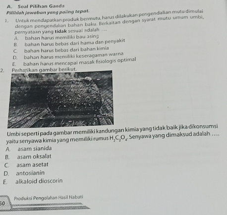 Soal Pilihan Ganda
Pilihlah jawaban yang paiing tepat.
1. Untuk mendapatkan produk bermutu, harus dilakukan pengendalian mutu dimulai
dengan pengendalian bahan baku. Berkaitan dengan syarat mutu umum umbi,
pernyataan yang tidak sesual adalah ...
A. bahan harus memiliki bau asing
B. bahan harus bebas dari hama dan penyakit
C. bahan harus bebas dari bahan kimia
D. bahan harus memiliki keseragaman warna
E. bahan harus mencapai masak fisiologis optimal
2. Perhatikan gambar berikut.
Umbi seperti pada gambar memiliki kandungan kimia yang tidak baik jika dikonsumsi
yaitu senyawa kimia yang memiliki rumus H_2C_2O_4 Senyawa yang dimaksud adalah ...
A. asam sianida
B. asam oksalat
C. asam asetat
D. antosianin
E. alkaloid dioscorin
Produksi Pengolahan Hasil Nabati
60