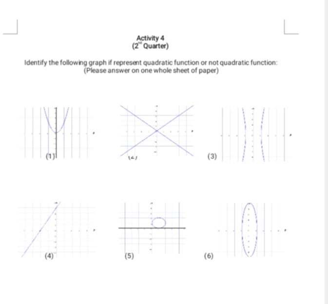 Activity 4
(2^(-1) Quarter) 
Identify the following graph if represent quadratic function or not quadratic function: 
(Please answer on one whole sheet of paper) 
(3 
(5) (