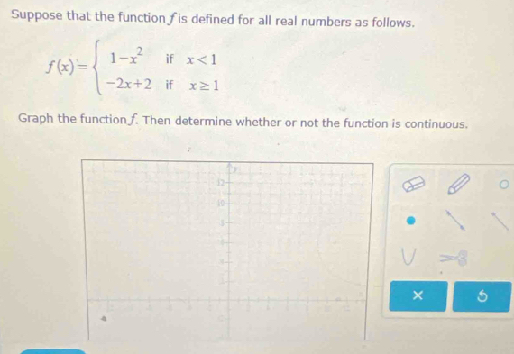 Suppose that the function fis defined for all real numbers as follows.
f(x)=beginarrayl 1-x^2ifx<1 -2x+2ifx≥ 1endarray.
Graph the function f. Then determine whether or not the function is continuous. 
×