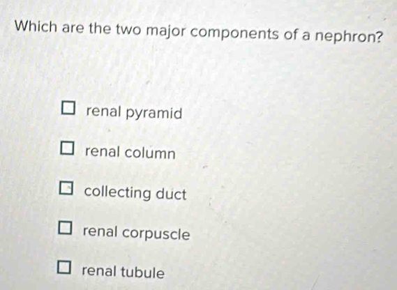 Solved: Which are the two major components of a nephron? renal pyramid ...