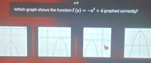 6/9 
Which graph shows the function f(x)=-x^2+4 graphed correctly?