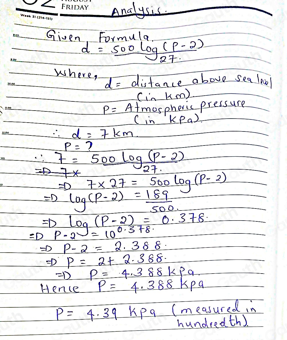Solved: A formula involving atmospheric pressure and height above sea ...