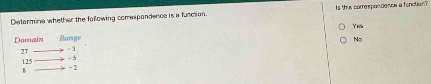 Determine whether the following correspondence is a function. Is this correspondence a function?
Yes
Domain Range No
27
- 3
125 - 5
8
- 2