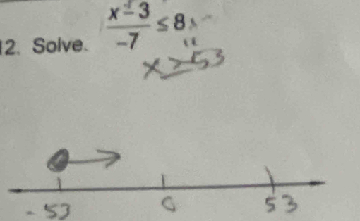 Solve.
 (x-3)/-7 ≤ 8