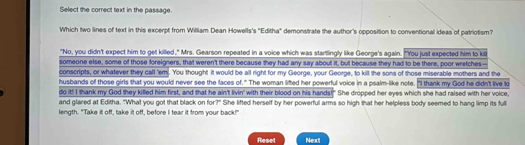 Solved: Select the correct text in the passage. Which two lines of text ...