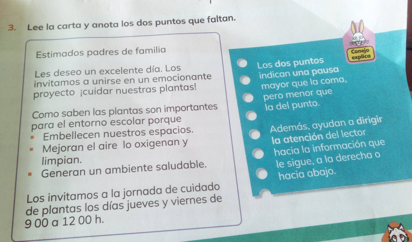 Lee la carta y anota los dos puntos que faltan. 
Estimados padres de familia 
Conejo 
Los dos puntos explica 
Les deseo un excelente día. Los 
invitamos a unirse en un emocionante 
indican una pausa 
proyecto ¡cuidar nuestras plantas! 
mayor que la coma, 
pero menor que 
Como saben las plantas son importantes 
la del punto. 
para el entorno escolar porque 
Embellecen nuestros espacios. 
Además, ayudan a dirigir 
la atención del lector 
Mejoran el aire lo oxigenan y 
hacia la información que 
limpian. 
Generan un ambiente saludable. 
le sigue, a la derecha o 
hacia abajo. 
Los invitamos a la jornada de cuidado 
de plantas los días jueves y viernes de 
9 00 a 12 00 h.