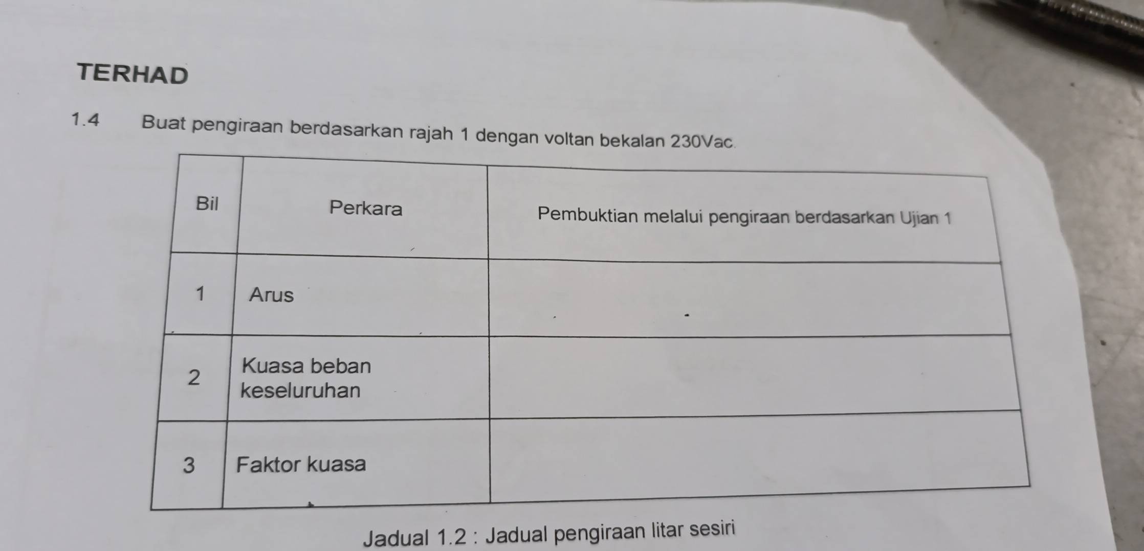 TERHAD 
1.4 Buat pengiraan berdasarkan rajah 1 dengan volt 
Jadual 1.2 : Jadual pengiraan litar sesiri