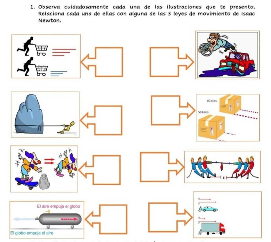Observa cuidadosamente cada una de las ilustraciones que te presento. 
Relaciona cada una de ellas con alguna de las 3 leyes de movimiento de Isaac 
Newton.