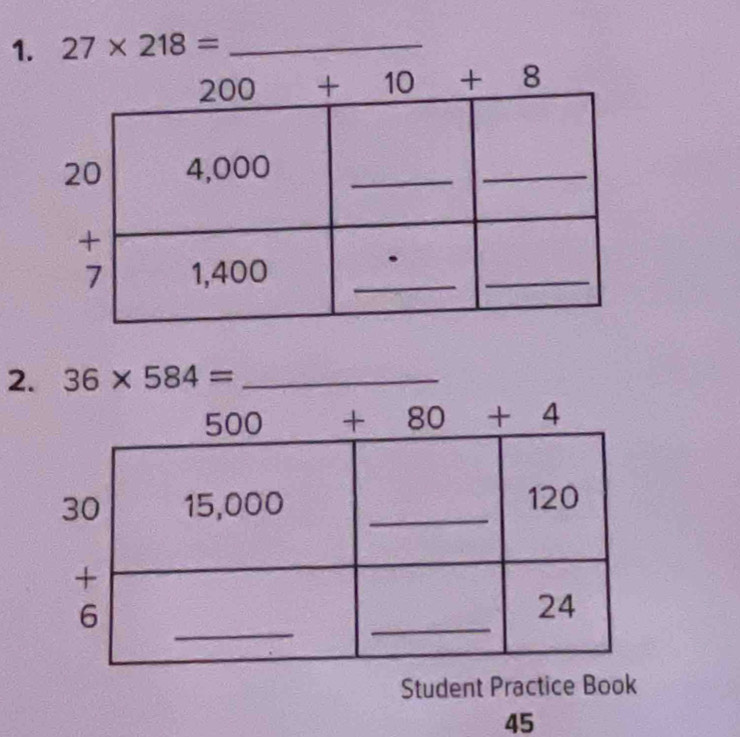 27* 218= _
2. 36* 584= _
Student Practice Book
45