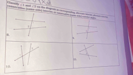 Classify consecutive (same-side) in
∠ 1 and ∠ 2 on the diagram as car