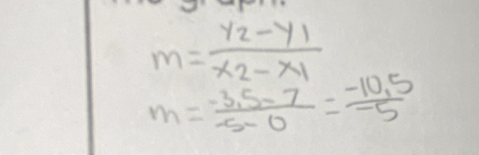 m=frac y_2-y_1x_2-x_1
m= (-3.5-7)/-5-0 = (-10.5)/-5 