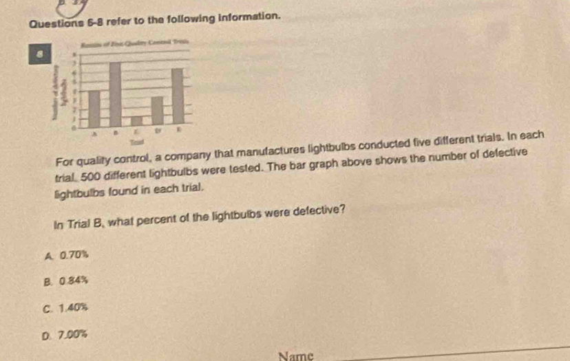 refer to the following information.
8
For quality control, a company that manufactures lightbulbs conducted five different trials. In each
trial, 500 different lightbulbs were tested. The bar graph above shows the number of defective
lightbulbs found in each trial.
In Trial B, what percent of the lightbulbs were defective?
A. 0.70%
B. 0.84%
C. 1.40%
_
D. 7.00%
Name