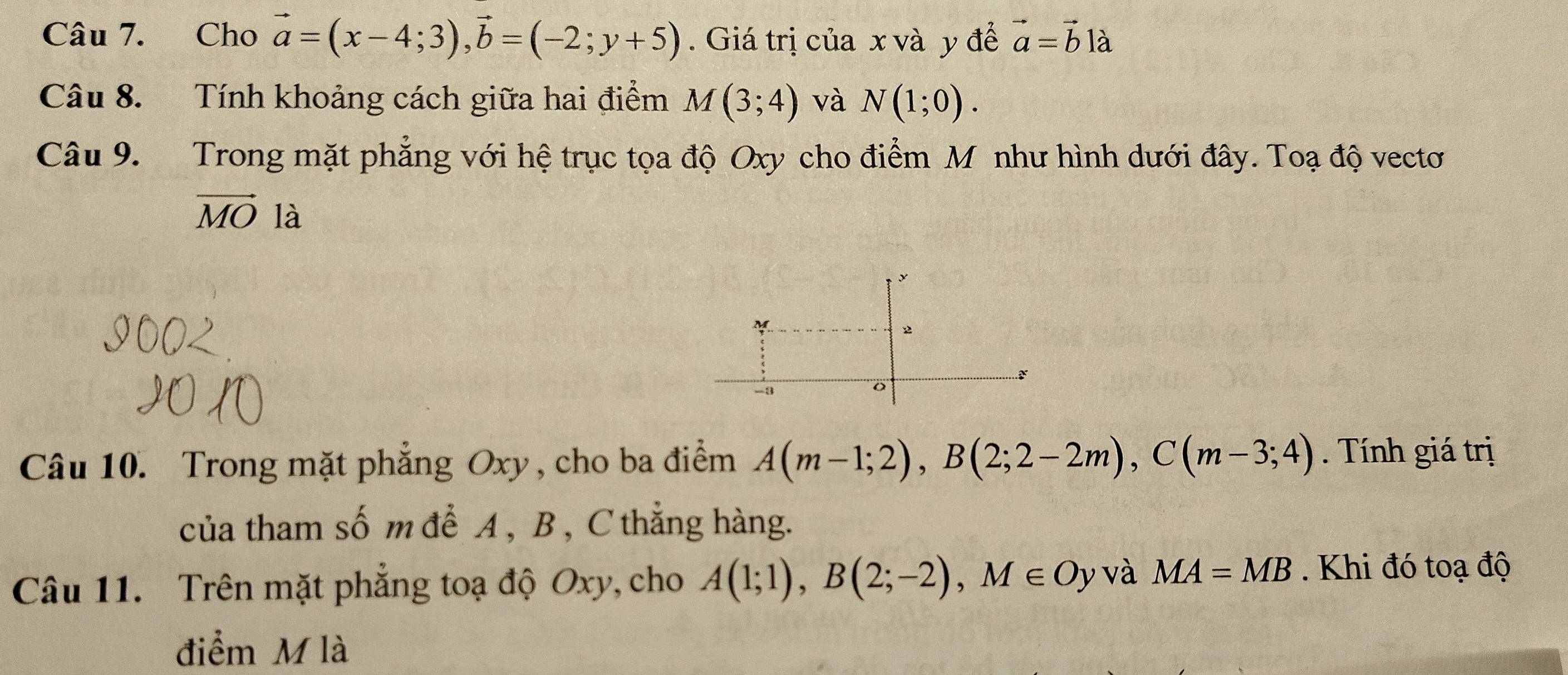 Cho vector a=(x-4;3), vector b=(-2;y+5). Giá trị của x và y đề vector a=vector b12
Câu 8. Tính khoảng cách giữa hai điểm M(3;4) và N(1;0). 
Câu 9. Trong mặt phẳng với hệ trục tọa độ Oxy cho điểm M như hình dưới đây. Toạ độ vectơ
vector MO là 
2
-3
Câu 10. Trong mặt phẳng Oxy, cho ba điểm A(m-1;2), B(2;2-2m), C(m-3;4). Tính giá trị 
của tham số m để A , B , C thẳng hàng. 
Câu 11. Trên mặt phẳng toạ độ Oxy, cho A(1;1), B(2;-2), M∈ Oy và MA=MB. Khi đó toạ độ 
điểm M là