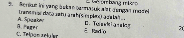 E. Gelombang mikro
9. Berikut ini yang bukan termasuk alat dengan model
transmisi data satu arah(simplex) adalah...
A. Speaker D. Televisi analog 20
B. Peger E. Radio
C. Telpon seluler