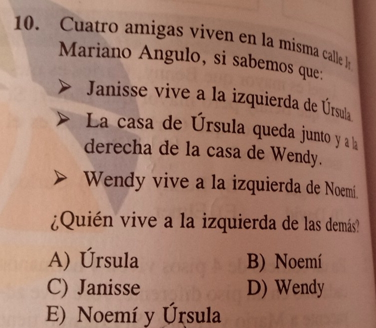 Cuatro amigas viven en la misma calle I 
Mariano Angulo, si sabemos que:
Janisse vive a la izquierda de Úrsula
La casa de Úrsula queda junto y a la
derecha de la casa de Wendy.
Wendy vive a la izquierda de Noemí.
¿Quién vive a la izquierda de las demás?
A) Úrsula B) Noemí
C) Janisse D) Wendy
E) Noemí y Úrsula