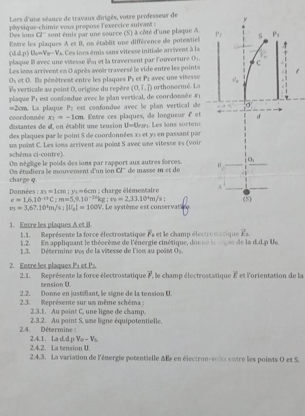 Lors d'une séance de travaux dirigés, votre professeur de
physique-chimie vous propose l'exercice suivant :
Des ions Cl^- sont émis par une source (S) à côté d'une plaque A 
Entre les plaques A et B, on établit une différence de potentiel
(d.d.p)U_0=V_B-V_A. Ces ions émis sans vitesse initiale arrivent à la
plaque B avec une vitesse dr et la traversent par l'ouverture O1.
Les ions arrivent en O après avoir traversé le vide entre les points
O_1 et O. Ils pénètrent entre les plaques P_1 et P_2 avec une vitesse
À verticale au point O, origine du repère (0,hat i,vector j) orthonormé. La
plaque P_1 est confondue avec le plan vertical, de coordonnée . 7°
=2cm La plaque P_2 est confondue avec le plan vertical de
coordonnée x_2=-1cm Entre ces plaques, de longueur £ et
distantes de d, on établit une tension U=U_P2P1. Les ions sortent
des plaques par le point S de coordonnées xs et ys en passant par
un point C. Les ions arrivent au point S avec une vitesse vs (voir
schéma ci-contre).
On néglige le poids des ions par rapport aux autres forces.
On étudiera le mouvement d'un ion Cl^- de masse m et de 
charge q.
Données : x_S=1cm;y_S=6cm; charge élémentaire
e=1,6.10^(-19)C;m=5,9.10^(-26)kg;v_0=2,33.10^4m/s
v_S=3,67.10^4m/s;|U_0|=100V Le système est conservatice.
1. Entre les plaques A et B.
1.1. Représente la force électrostatique vector F_0 et le champ électrostatique vector E_0.
1.2. En appliquant le théorème de l'énergie cinétique, donne le sique de la d.d.p U_0
1.3. Détermine voi de la vitesse de l'ion au point O1.
2. Entre les plaques P_1 et P2.
2.1. Représente la force électrostatique vector F , le champ électrostatique vector E et l'orientation de la
tension U.
2.2. Donne en justifiant, le signe de la tension U.
2.3. Représente sur un même schéma :
2.3.1. Au point C, une ligne de champ.
2.3.2. Au point S, une ligne équipotentielle.
2.4. Détermine :
2.4.1. La d.d.p V_o-V_S.
2.4.2. La tension U.
2.4.3. La variation de l'énergie potentielle △ E_P en é lectron-v o its entre les points O et S.