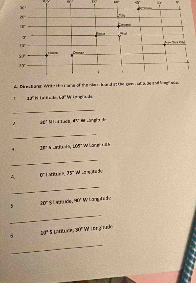 105° 90° 75° 60° 45° 30° 0^n
A. Directions: Write the name of the place found at the given latitude and longitude.
1. 10° N Latitude, 60° W Longitude
_
2 30° N Latitude, 45°W Longitude
_
3. 20° S Latitude, 105° W Longitude
_
4. 0° Latitude, 75° W Longitude
_
5. 20° S Latitude, 90° W Longitude
_
6. 10°S S Latitude, 30°W Longitude
_